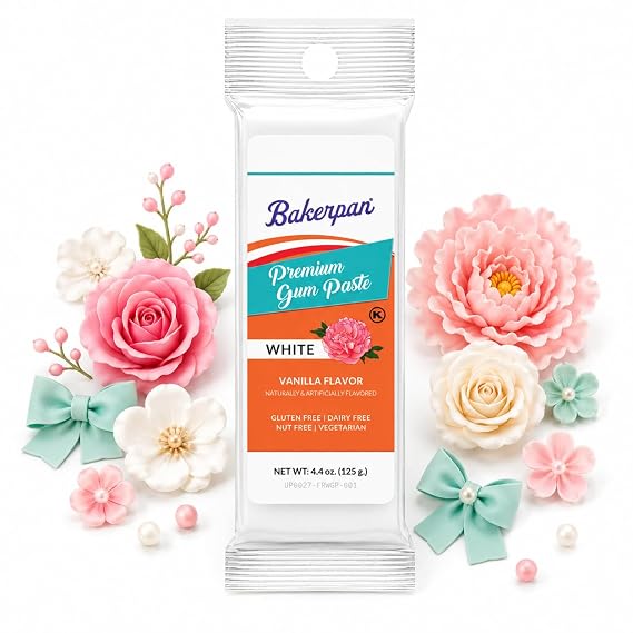 Bakerpan White Gum Paste for Cake Decorating, Create Flowers, Leaves, Elegant Ruffles - 4.4 Ounces, Vanilla Flavor (Made in USA)