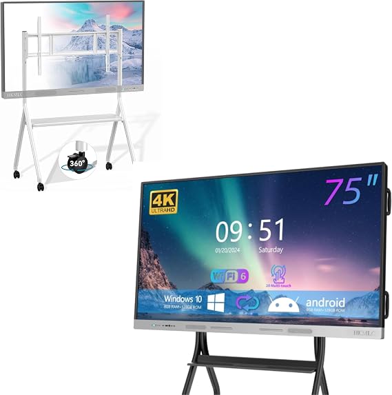 HKMLC Elite Dual 75 Inch Smart Board with Stand, 4K UHD Interactive Whiteboard Built-in Dual System Touchscreen, All-in-One SmartBoard for Classroom and Office (Wall Mount & Stand Included)
