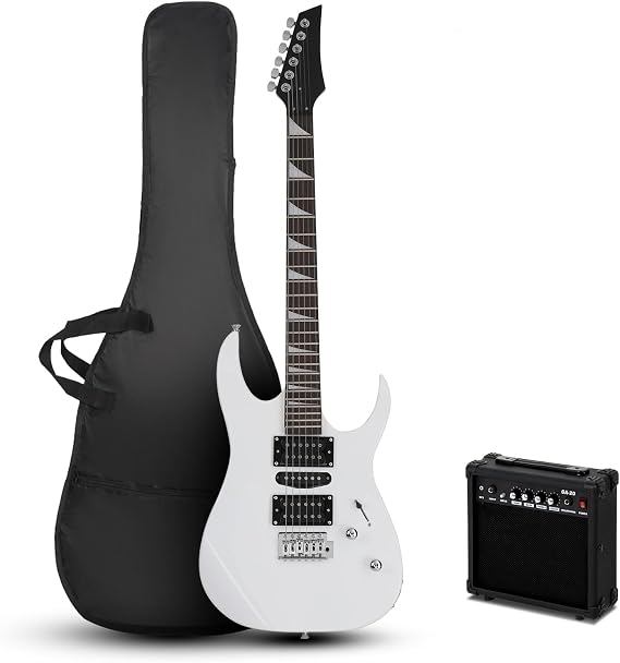 Full-Size Electric Guitar with 20-Watt Amp, 39 Inch Electric Guitars Kit for Beginners & Professionals with Gig Bag, Shoulder Strap, Plectrum (White)