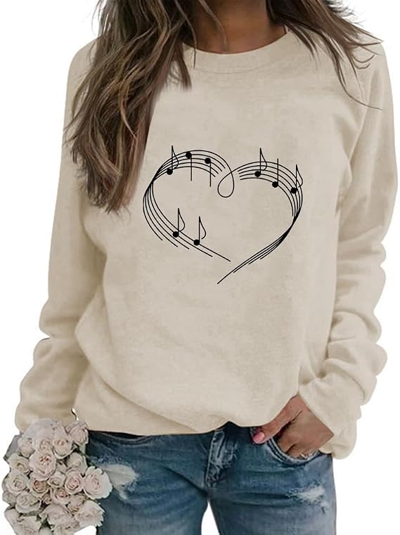 Music Note Heart Graphic Sweatshirt, Music Lover, Musician, Womens Cute Long Sleeve Novelty Pullover Tops