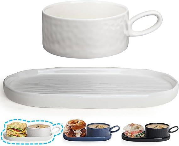 Soup Bowl with Handle & Salad Plate, Soup and Sandwich Plate Combo, 18oz Soup Mug/Cup for Cereal, Ceramic Pasta Plate for Appetizer, Dessert, Rice, Dishwasher & Microwave Safe, Cream White