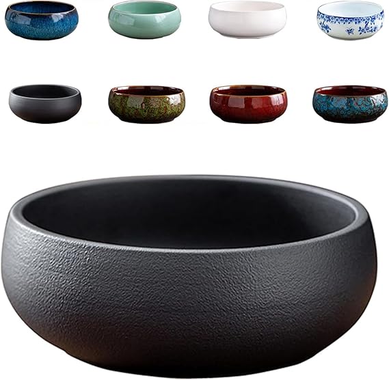 Lotus Bowl Planter, Round Ceramic Lotus Flower Bowl for Water Plants, Glazed Aesthetic Bonsai Planter for Indoor Plants, Unique Home Decor for Water Planting (Black)