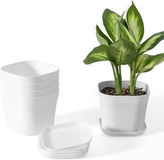 Plastic Plant Seedling Pots,Square Plants Nursery Pot, Flower Pots with Saucer for Balcony,Garden,Home Decor (White)