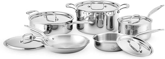 Heritage Steel 10 Piece Cookware Set - Made in USA - Titanium Strengthened 316Ti Stainless Steel with 5-Ply Construction - Induction-Ready y Clad