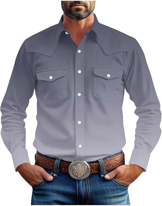 Mens Western Cowboy Shirts Button Down Long Sleeve Work Shirt Fall Casual Vintage Shirts Jacket with Two Pockets
