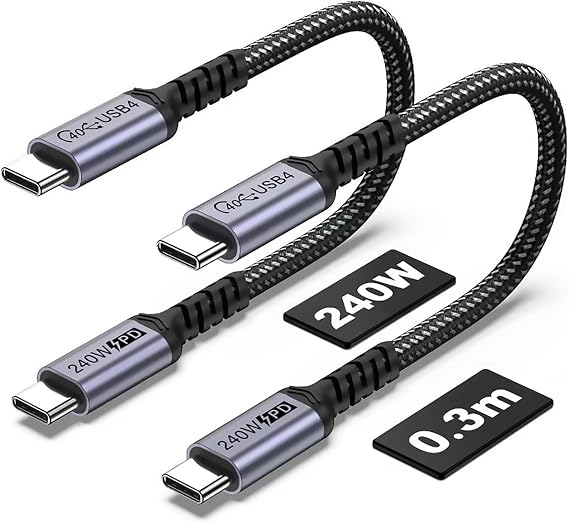2 Pack 30cm USB 4 Cable, 240W USB C to USB C Cable, 40Gbps High Speed Data Transfer, Single 8K or Dual 4K Display Video Output, Support Thunderbolt 4