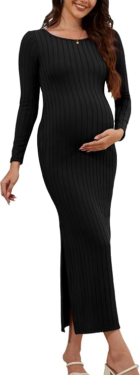 guruixu Women's Maternity Sweater Dress Ribbed Knit Long Sleeve Maxi Bodycon Dress Pregnancy Outfits