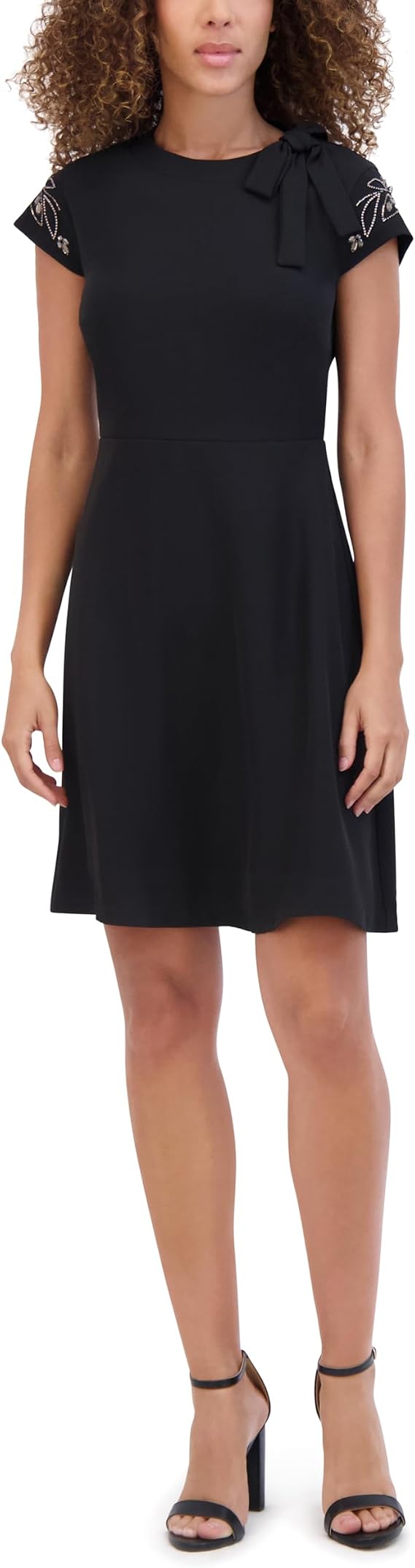 Kensie Women's Short Beaded Sleeve Round Neck Twill Sheath Dress