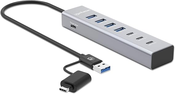 Manhattan 7-Port USB Hub, 3 USB-C, 4 USB-A, 5 Gbps, Aluminum, Bus Powered