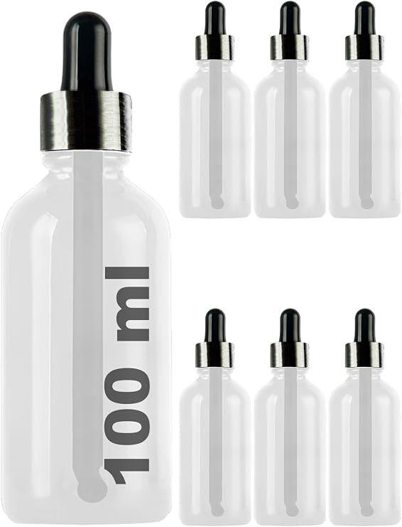 Afracam 100ml Dropper Dropper Bottle with Metal Lid Serum 100 cc Glass Bottle 6 Pieces (Black Lid, Transparent)