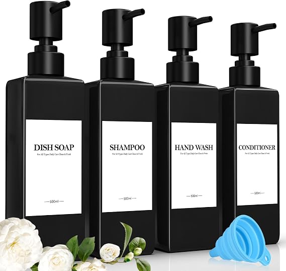Set of 4 Plastic Shampoo Bottles for Filling, 500 ml Soap Dispenser Bottles Shampoo Dispenser Black Pump Dispenser with Funnel and Waterproof Labels for Kitchen Bathroom