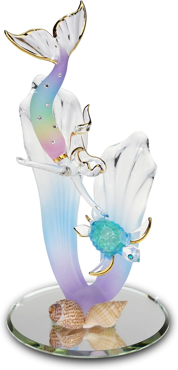 Glass Baron Mermaid & Sea Turtle Glass Figurine, 5.5 x 3 Inches