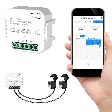 Smart Home Energy Monitor 280A, Dual-Channel Real-Time Electricity Usage Monitoring for Household Power, WiFi Energy Meter with App Control, Compatible with Tuya/Smart Life