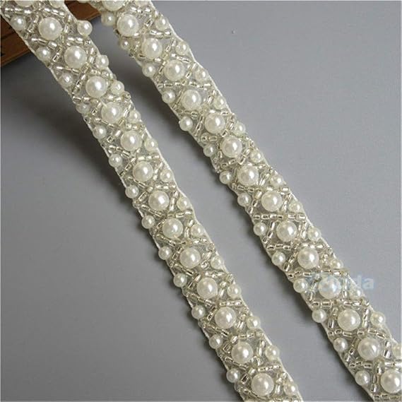 1 Meter Pearl Beaded Band Lace Edge Trim Ribbon Tape 1.5 cm Width Vintage Style Ivory Edging Trimmings Fabric Embroidered Applique Sewing Craft Wedding Bridal Dress Party Decor Clothes Embroidery