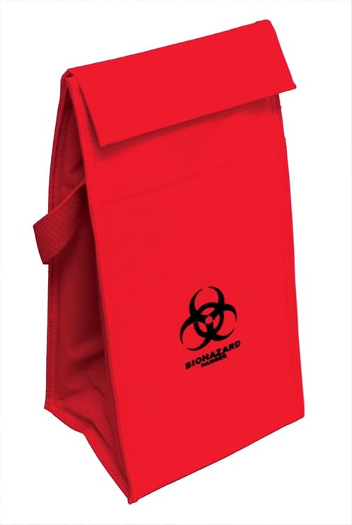 Biohazard Cooler Bag, 6.75 x 10 x 5.75 Inch, Red, Insulated, Durable Nylon, Easy to Clean, Biohazard Marked