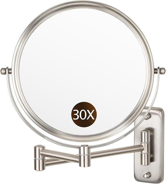 ALHAKIN 1X/30X Wall Mounted Makeup Mirror, 8 Inch Double Sided Magnifying Mirror for Wall, Bathroom Makeup Mirror with 360 Rotation Extendable Swivel Arm, Nickel