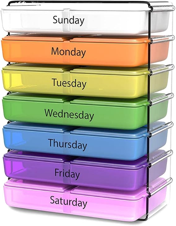 Daily Pill Organizer 7-Day Weekly Storage Box Weekly Compact Prescription and Vitamin Organizers- 4 Times a Day Breakfast Lunch Dinner and Bedtime