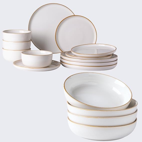 GBHOME Ceramic Dinnerware Sets for 4, 16 Pieces Stoneware Plates and Bowls Sets, Chip and Scratch Resistant Dishes, Dishwasher & Microwave Safe, Reactive Glaze-Pearl White