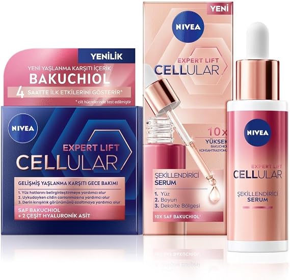 NIVEA Cellular Doğal Retinol Alternatifi Bakuchiol Cilt Serumu 30ml ve Nemlendirici Gece Bakım Kremi 50ml