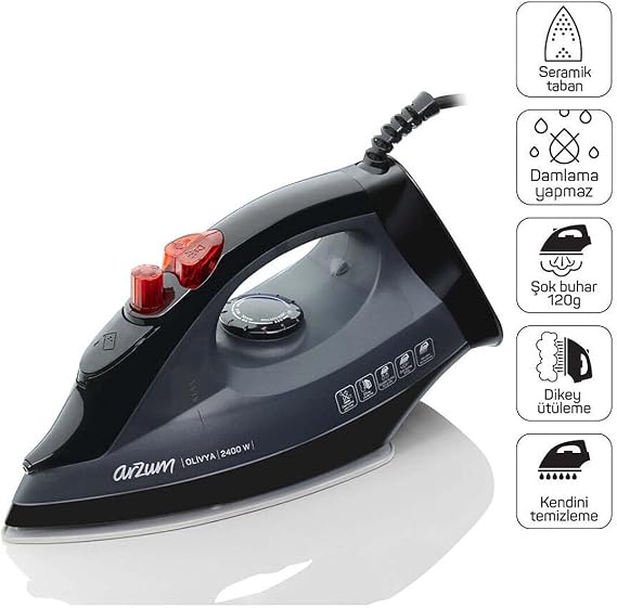 Arzum AR684 Olivya Buharlı Ütü 2400W, Seramik Taban, Dikey Buhar, Şok Buhar, Damlama Önleme, Siyah