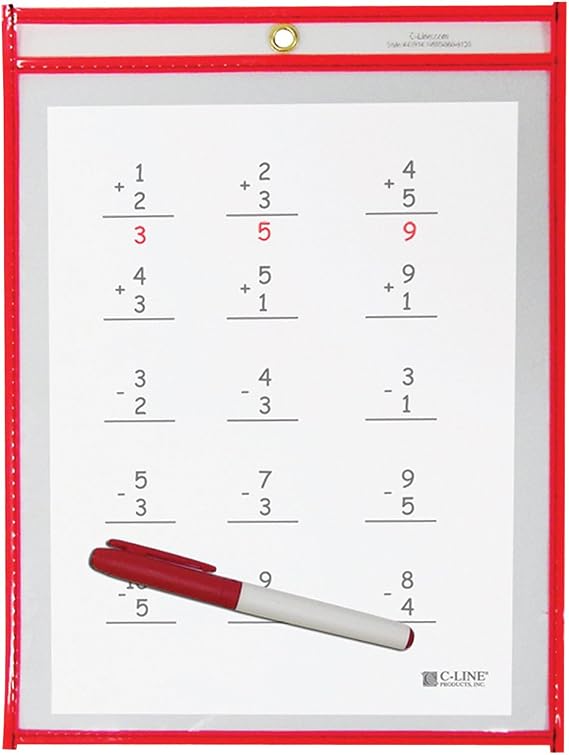 C-Line Reusable Dry Erase Pockets, 9 x 12 Inches, Red(40814-30)