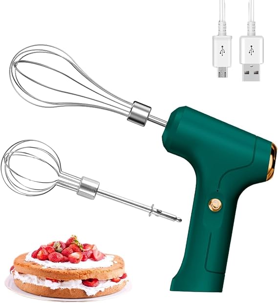 Electric Hand Whisk, USB Rechargeable, Wireless Portable Egg Beater with 2 Detachable Whisks with 3 Speed Modes for Eggs/Milkshake Cream/Butter/Baby Food, Fit for Kitchen/Camping/Gifts (Green)