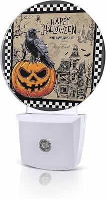 Plug into Night Light Happy Halloween Crow Pumpkin Retro Castle LED Auto Sensor Dusk to Dawn Nightlight Bat Black White Lattice Smart Dimmable Lights for Home Hallway Bedroom Bathroom