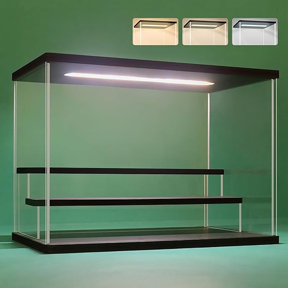 NONEMEY Clear Acrylic Display Case Stand with Led Light 2/3/4/5/6 Tier Storage Box Showcase Dustproof Organizer Box for Collectibles (Black 3Tier 12.4x7x9inch,31.5x18x23cm)