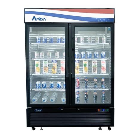 Atosa MCF8723GR 54" Reach-In Upright Glass Merchandiser Display Refrigerator for Restaurant Convenient Stores | LED Lighting, 2 Swing Door, 8 Shelves, 43.8 Cu Ft Capacity | Black Stainless Steel, 115v