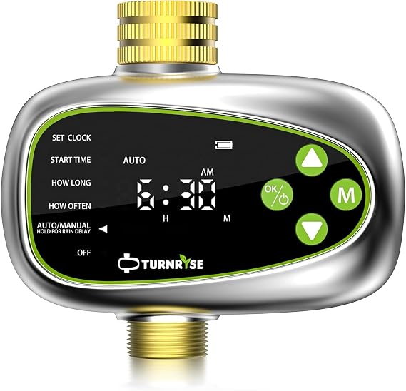 Sprinkler Controller with Soil Moisture Sensor: 1 Zone Water Timer for Garden Hose, Rain Delay & Brass Inlet Programmable Hose Timer, Automatic Drip Irrigation System for Yard Lawn Greenhouse