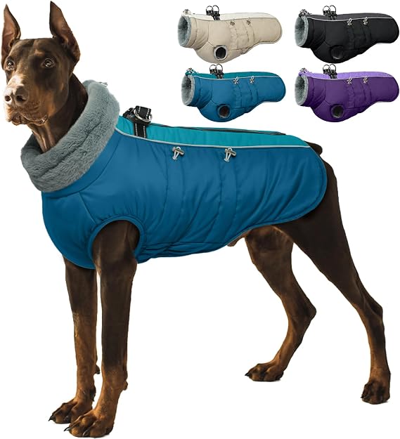 IDOMIK Warm Dog Coat with Harness, Waterproof Reflective Dog Jackets for Large Dogs, Fleece High Collar Winter Jacket with Zipper, Pet Winter Snowsuit Clothes for Cold Weather,Green 2XL