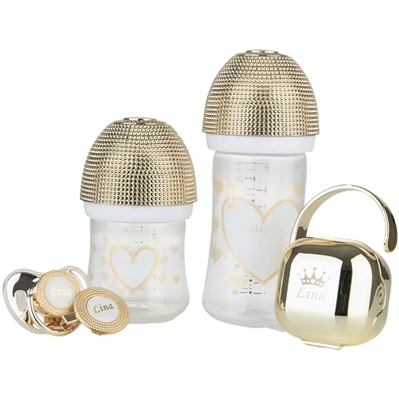 Luxurious 4pcs Set Bling Custom Baby Pacifiers and Baby Bottle Set with Name for Boy and Girl,0-6 Months,6-18 Months, Baby Shower Giftglittering Anniversary Edition Set