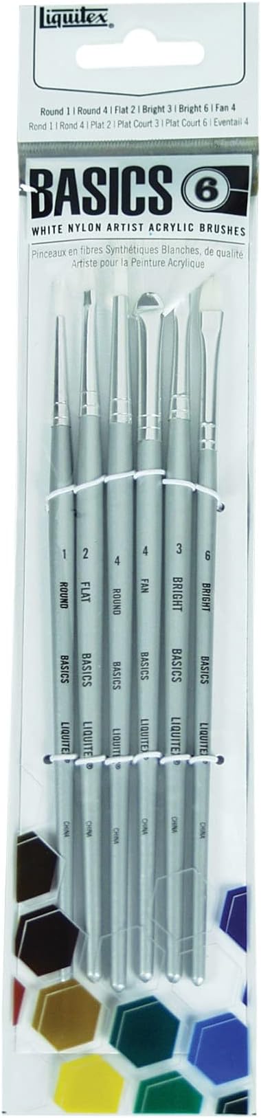 Liquitex Basics Acylic Paintbrush Set of 6 | Medium-soft synthetic bristles, long smooth handles. Easy to clean, super durable and carry a good color load.
