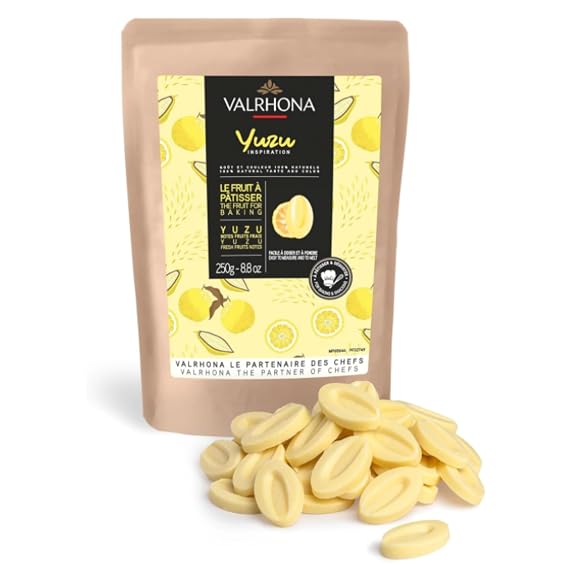 Valrhona Premium Yuzu Couverture (Feves). Creamy, Fruity, Easy Melt, Intense Color & Flavor. Imparts Citrus Taste. Make Great Desserts. All Natural. No Preservatives. No Added Color. 250g (Pack of 1)
