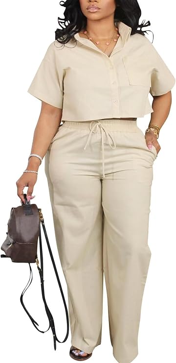 ThusFar Two Piece Sets for Women Summer Shirt Wide Leg Pants Suit