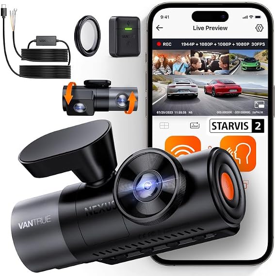Bundle: Vantrue N5 4 Channel WiFi Dash Cam + Hardwire Kit + CPL Filter + Remote Control 2.7K+1080P*3 Front Rear Inside Camera with Side View, STARVIS 2, Voice Control, GPS, 24H Parking Mode