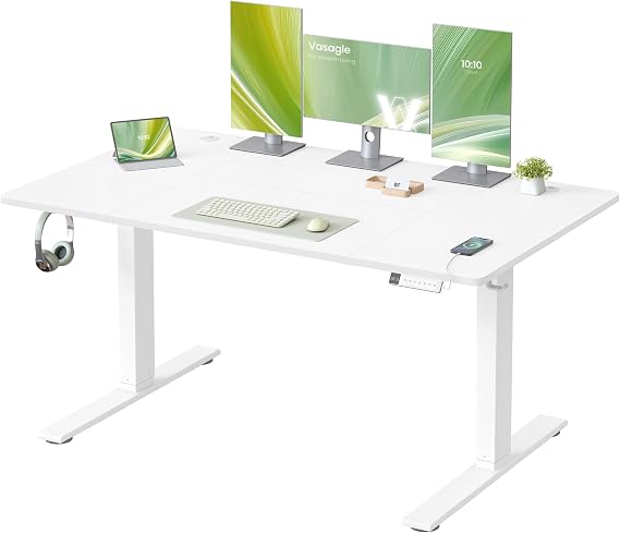 VASAGLE Electric Standing Desk, USB C Port, Cable Tray, Matte White | Height Adjustable Desk, Sedentary Reminder, 3 Memory Heights, 140 x 80 cm, for Home Office, LSD144WZ03