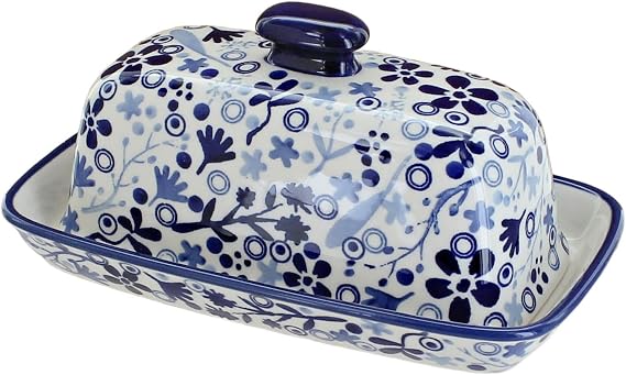 Blue Rose Polish Pottery - Blue Darcy Butter Dish - Fits 1 Stick - Butter Dish for Countertop Organization and Storage