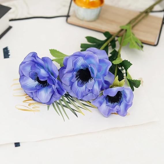 3 Heads Anemone Artificial Flower Wedding Wreath Home Decoration Fake Floral Party Garden Accessories(blue)