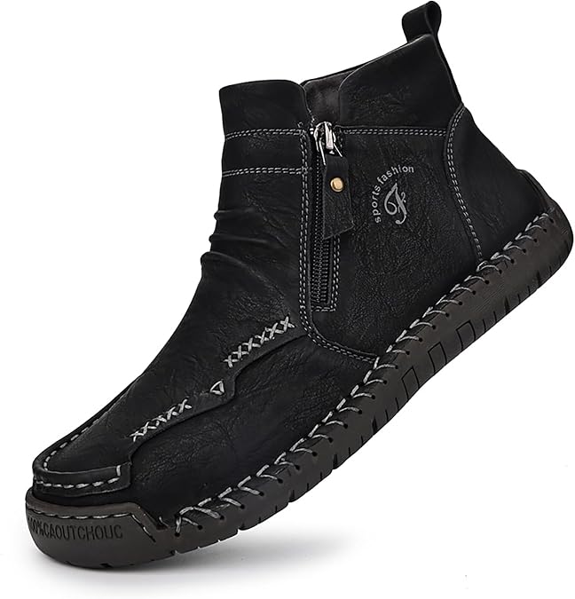 Men'S Classic Hand-Stitched Leather Platform Chukka Boots With Side Zippers Comfortable Casual Round Toe Non-Slip Soft-Soled Ankle Boots Stylish Outdoor Activity Work Driving Moccasin Boots