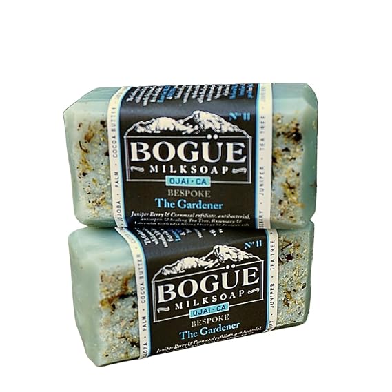 Goat Milk Soap 2 bars- BOGUE No.11 BESPOKE Gardener Blend topped with Juniper Berry & Cornmeal to scrub off dirt, with healing and cleaning essential oils of Juniper, Tea Tree, Rosemary & Lavender