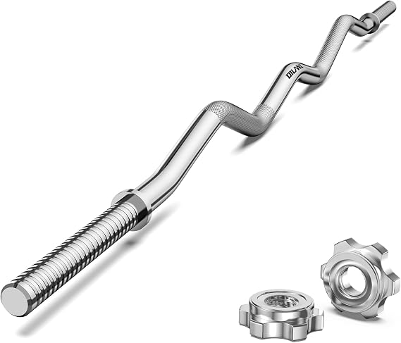Olympic EZ Curl Barbell Bar, 47" Curl Bar for Weight Lifting, Home Gym Weight Bar- Strength Training,Squat,Hip Thrusts,Biceps, Chrome Curling for 2 Inch Plates -2 Spring Collars (Silver) (1in silver)