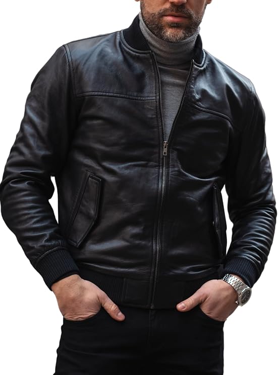 TLC Varsity Bomber Jacket Men | Ribbed Style Sleek Black Leather Bomber Jacket Men