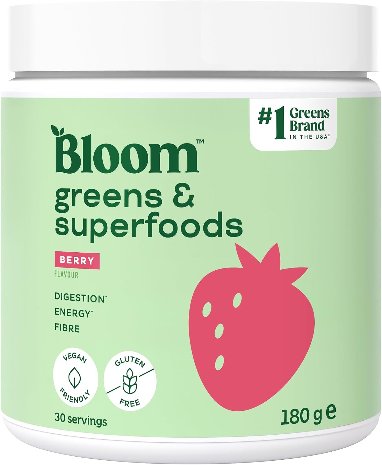 Bloom Super Greens Powder Berry (30 Servings) with Probiotics, Digestive Enzymes, Spirulina & Chlorella, Sugar-Free