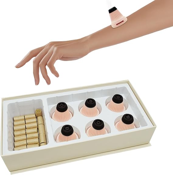 Moxibustion Kit Portable Smokeless Mugwort Moxibustion Moxa Box Round Shape Burner 6 Pack Portable Safe Home Moxibustion Boxes and 60 Rolls Small Moxa Sticks for Soreness Relieve (camel color)