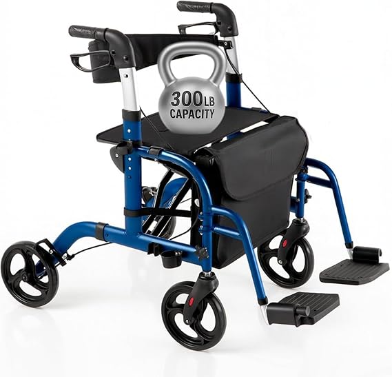 Vive Walker Wheelchair Combo - Rollator Transport Chair for Seniors | Seat, 8 Inch Wheels, Foldable Lightweight Aluminum Frame, 300 Lbs, Mesh Seat, Padded Backrest, Storage Bag, Adjustable Handle