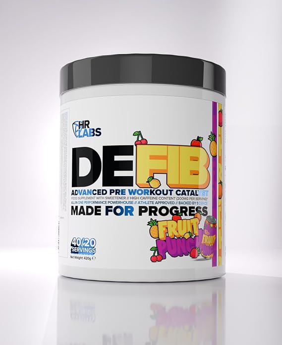 DEFIB, Ultimate All in One Advanced Strong Pre Workout Powder, High Caffeine Content, 40/20 Servings, 420g, Athlete Approved 8 Great Tasting Flavours (420g, Fruit Punch)