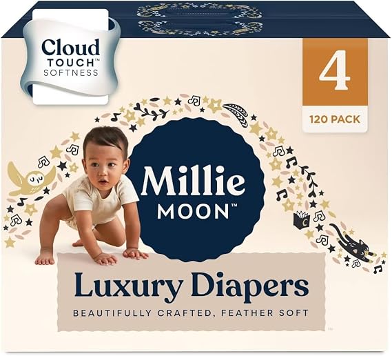 Millie Moon Luxury Diapers, Size 4 (22-33lbs), 120 Count, Up to 12 Hour Absorbency, Double Leak Guard and Wetness Indicator