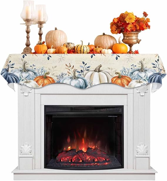 DecorLovee Blue Pumpkins Fall Mantle Scarf 60x17 Inch, Fireplace Thanksgiving Decorations Cover Runner, Thanksgiving Leaves Farmhouse Fall Mantel Decorations Holiday Mantel Scarves