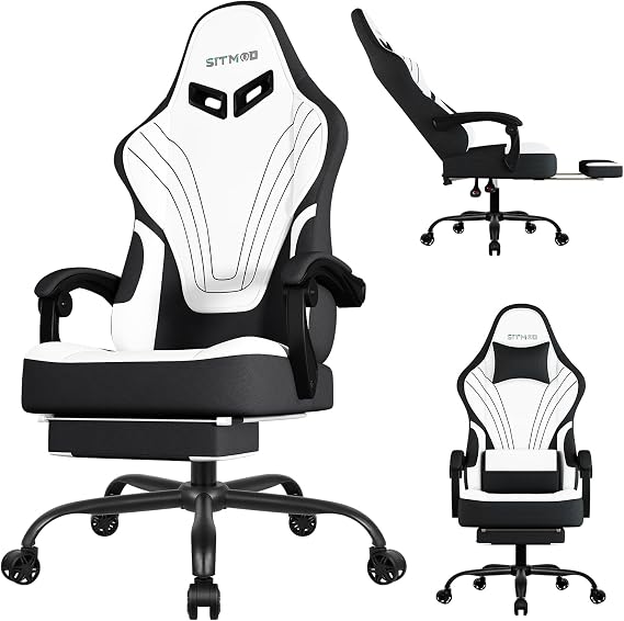 Gaming Chair with Footrest,Fabric Computer Chair with Pocket Spring Cushion,High Back Comfortable Ergonomic Office Chairs with Lumbar Support,Height Adjustable Gamer Chair for Adults,White